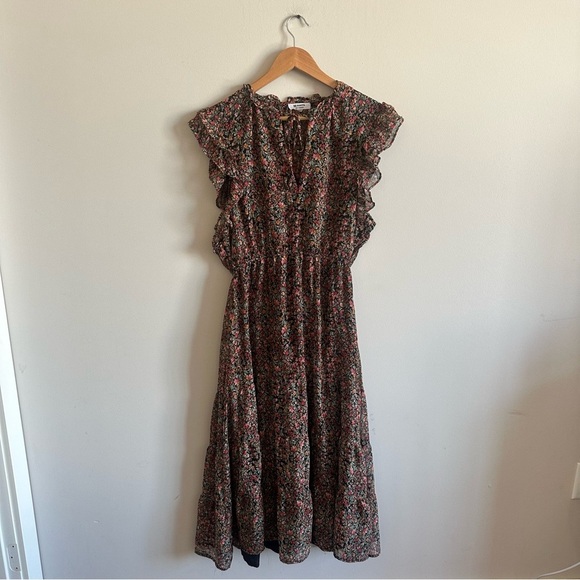 BB Dakota Steve Madden Black Ditsy Floral Ruffle Tiered Sleeveless Midi Dress - Picture 5 of 14